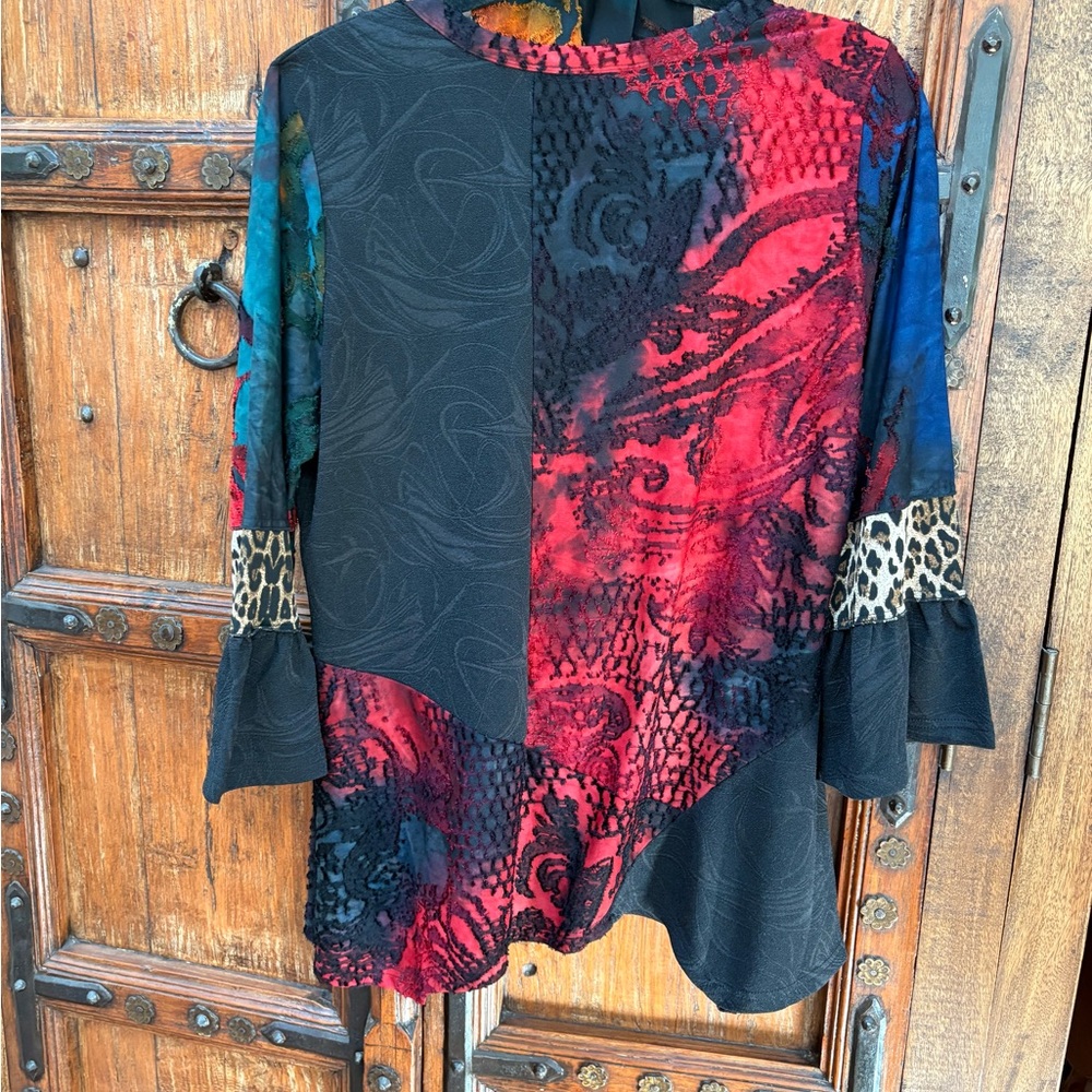 Calessa Vibrant Multicolor Blouse with Black Accents and Scarf EUC LP - Picture 5 of 10